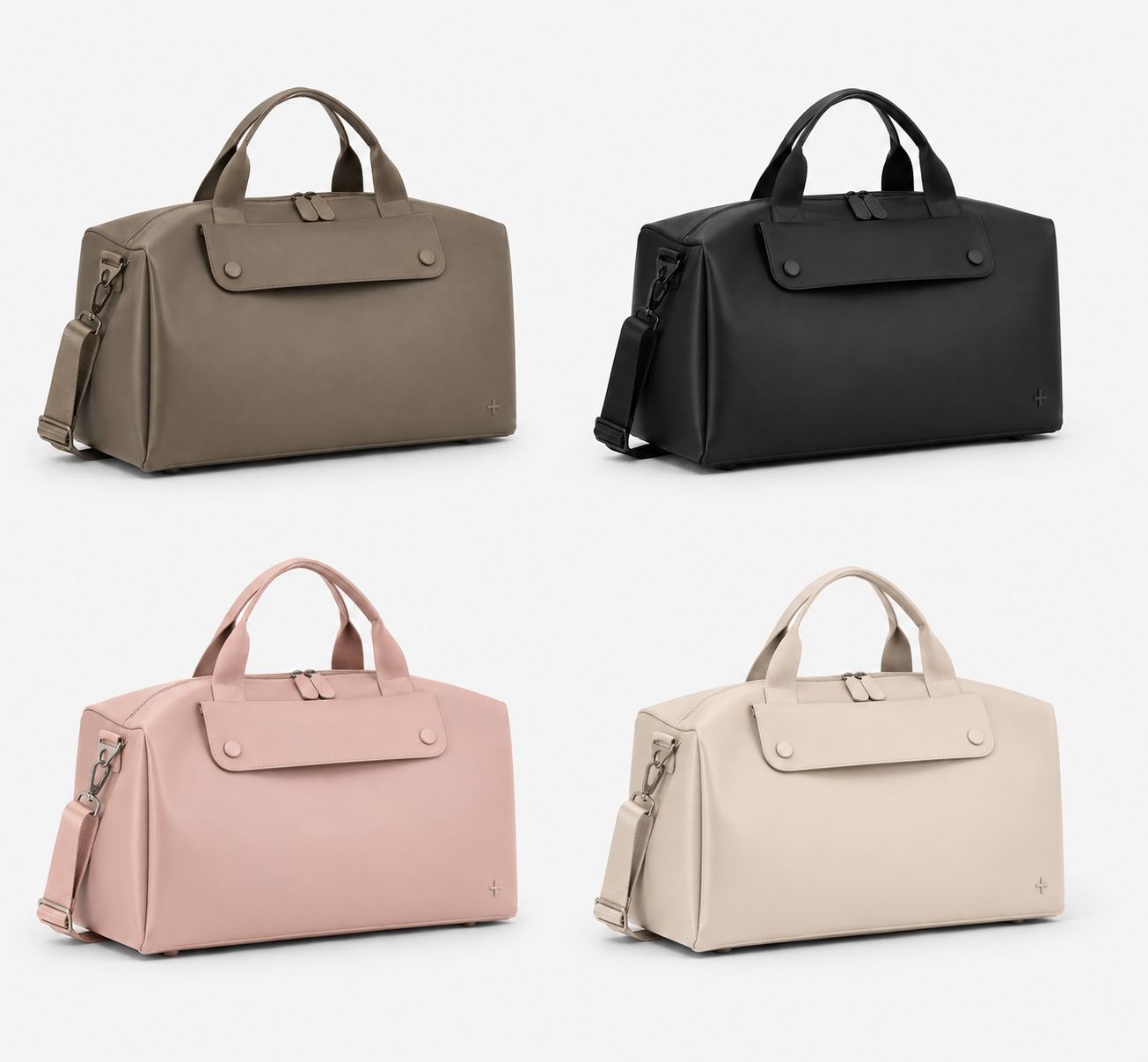 SCULPT Duffle+ in four colourways — minimal luxury travel bag with soft matte exterior.