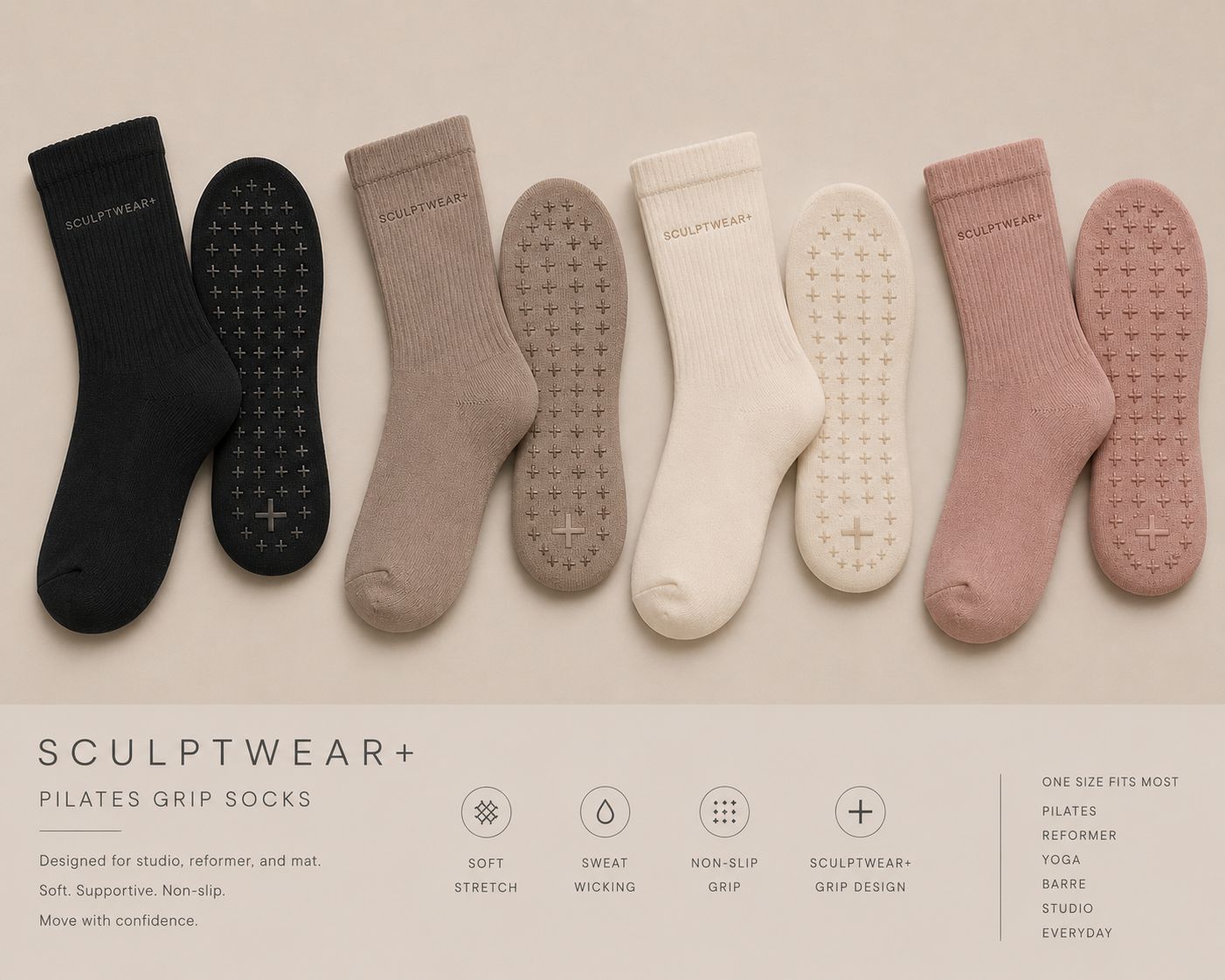 SCULPTWEAR+ Grip Socks in four colours — premium studio grip socks with non-slip plus design.