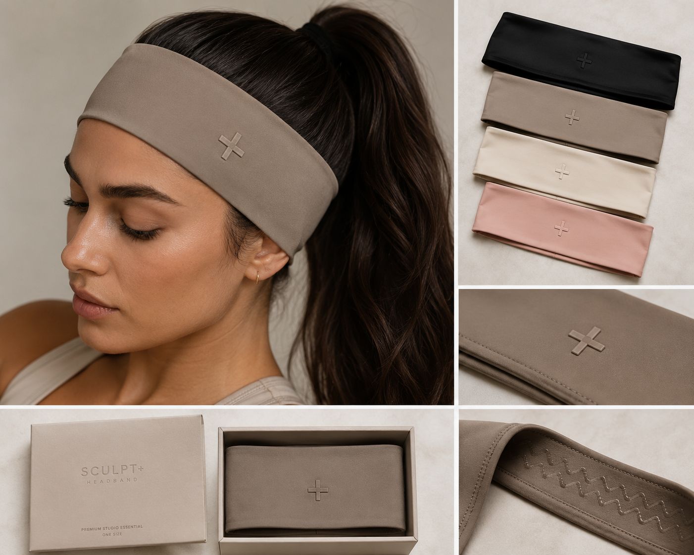 SCULPTWEAR+ Headband in taupe — soft-touch performance headband with embossed + detail.